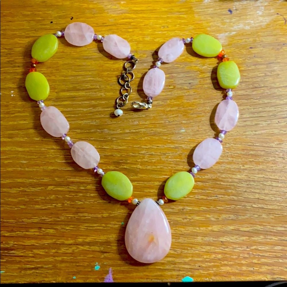 Pink and green glass bead necklace